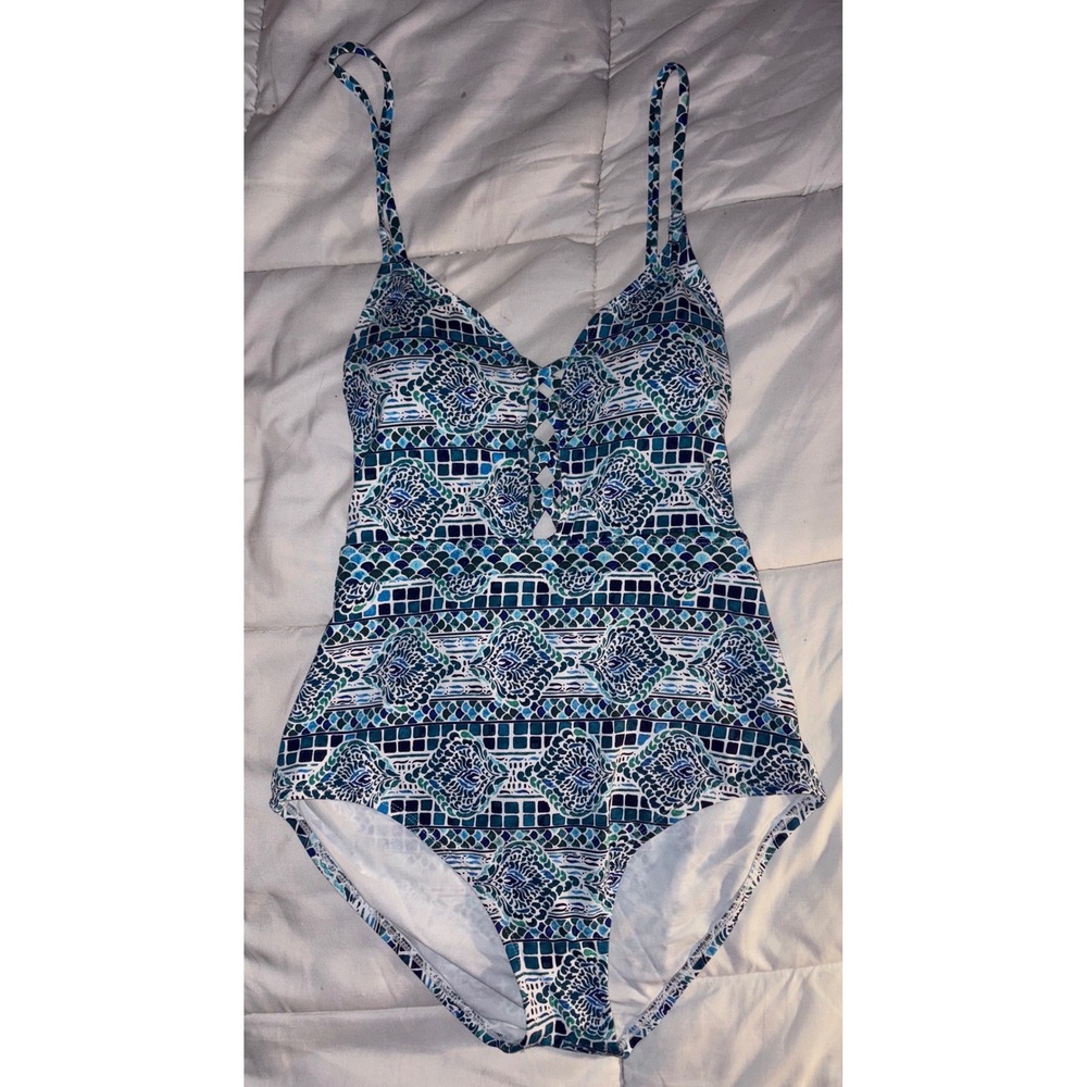 Tommy Bahama Women Blue Print‎ One Piece Swimsuit Strappy Cutout Front, Size 6